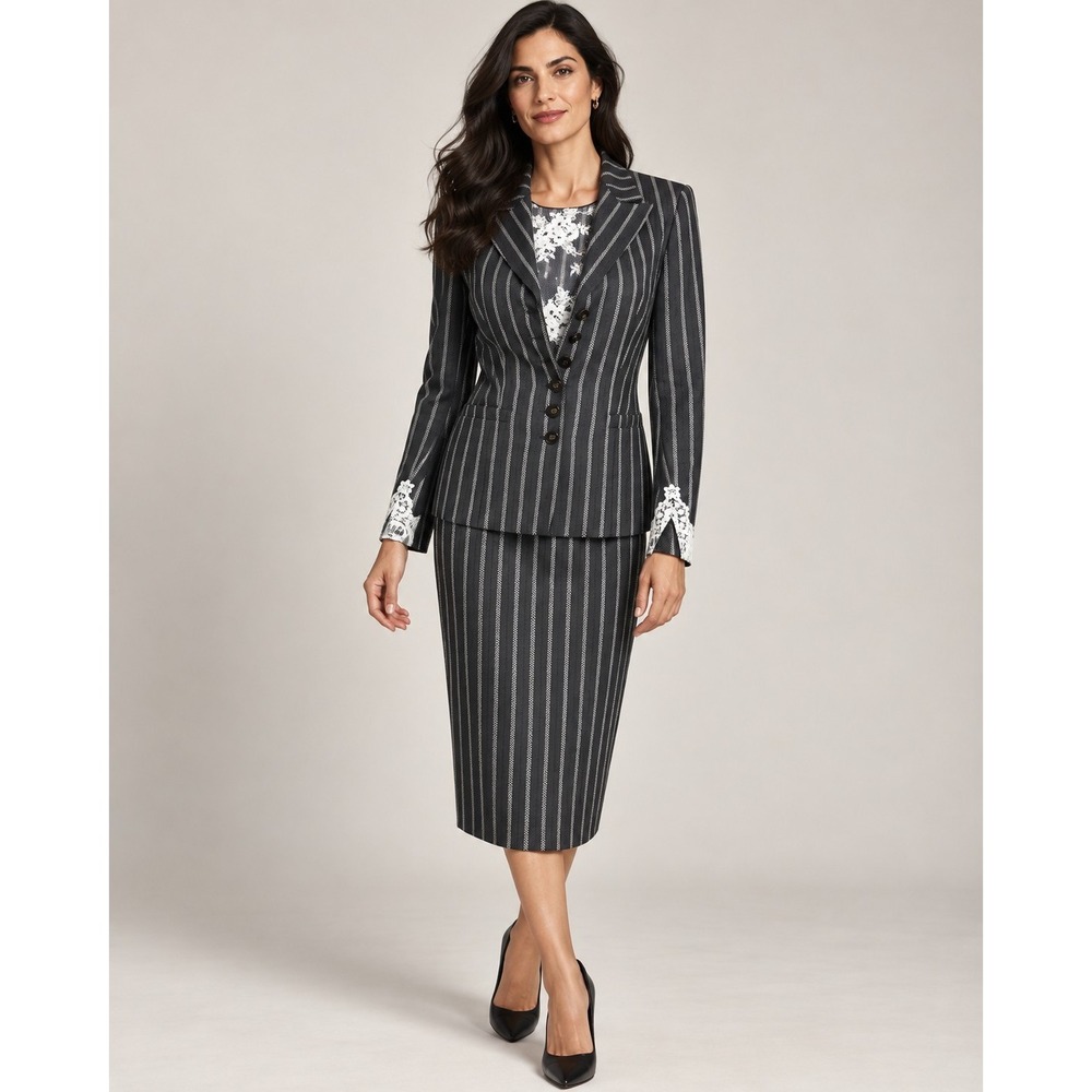 Escada Womens Grey Pinstripe Wool Blend Skirt Suit Set Lace Trim Size 34